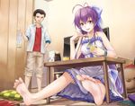  1girl annoyed antenna_hair bad_id bad_perspective bad_pixiv_id bag barefoot black_hair blue_eyes dress feet food ghost long_hair plastic_bag ponytail pudding purple_eyes purple_hair ryuugajou_nanana ryuugajou_nanana_no_maizoukin shinomoto_gekka short_hair shorts sitting smile soles sundress table toes very_long_hair yama_juugo 