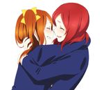  ^_^ bad_id bad_pixiv_id blazer blush brown_hair closed_eyes happy hug inuzuka_bouru jacket kousaka_honoka long_hair long_sleeves love_live! love_live!_school_idol_project multiple_girls nishikino_maki one_side_up otonokizaka_school_uniform red_hair school_uniform smile white_background 