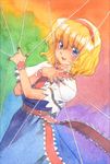  alice_margatroid blonde_hair blue_eyes capelet crossed_arms dress hairband misawa_hiroshi open_mouth puppet_rings puppet_strings short_hair smile solo touhou 
