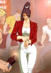  1girl 3boys alcohol alternate_costume bar bar_stool blonde_hair blue_pants bottle bracelet breasts broken_bottle brown_footwear brown_hair casual cleavage closed_mouth counter eyes_closed fatal_fury grin hair_tie high_ponytail highres iehay imminent_fight indoors jacket jewelry long_hair looking_at_another midriff multiple_boys open_mouth pants ponytail red_hair red_jacket ring shiranui_mai shirt smile stool surrounded the_king_of_fighters white_crop_top white_pants white_shirt yellow_shirt 