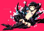 armpits black_hair black_princess breasts detached_sleeves fishnet_legwear fishnets greaves highres looking_at_viewer navel open_mouth red_background ress revealing_clothes simple_background six_heart_princess skirt small_breasts solo teiue_tamaki thighhighs 