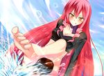  akuma_no_riddle barefoot boots breasts cleavage feet highres inukai_isuke long_hair medium_breasts midriff otono_fei pink_hair pov_feet shoes single_shoe sitting skirt smile soles solo thigh_boots thighhighs toes tongue tongue_out water yellow_eyes 