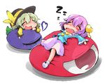  bean_bag_chair blush bow chibi closed_eyes commentary dress drooling green_hair hat hat_bow heart highres komeiji_koishi komeiji_satori lying muji_body_fitting_sofa multiple_girls purple_hair ribbon shinapuu short_hair siblings sisters sleeping socks third_eye touhou wide_sleeves zzz 