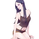  black_hair blue_eyes caitlyn_(league_of_legends) heather37 highres league_of_legends lipstick long_hair makeup midriff navel red_lipstick shorts solo tank_top white_background 