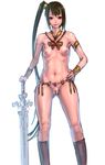  ass_visible_through_thighs bad_id bad_twitter_id breasts brown_hair jewelry looking_at_viewer navel nipples nude pussy red_eyes side_ponytail small_breasts solo standing sword uncensored weapon yamada_(gotyui) 