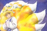  animal_ears blonde_hair fox_tail hands_in_opposite_sleeves hat long_sleeves misawa_hiroshi multiple_tails short_hair smile solo tail touhou yakumo_ran yellow_eyes 