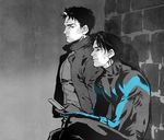  batman_(series) bodysuit brothers dc_comics dick_grayson family gloves jacket jason_todd leather leather_jacket male male_focus multicolored_hair multiple_boys nightwing phone red_hood red_hood_(dc) siblings spot_color two-tone_hair 