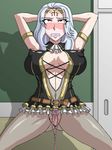  ahegao blush bodystocking breasts censored center_opening cleavage clenched_teeth egg_vibrator erect_nipples large_breasts lipstick makeup nipples pussy pussy_juice red_eyes rolling_eyes silver_hair spread_legs sweat teeth vibrator 