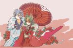  1boy 1girl blonde_hair blue_eyes cellphone cellphone_camera closed_mouth collarbone commentary_request crown eyebrows_visible_through_hair fire_emblem fire_emblem_heroes flower fur_trim gradient_hair green_hair grey_hair hair_ornament holding holding_cellphone holding_phone holding_umbrella hrid_(fire_emblem_heroes) japanese_clothes kimono laegjarn_(fire_emblem_heroes) multicolored_hair murabito_ba new_year nintendo oriental_umbrella phone red_eyes red_flower rose signature simple_background smartphone smile umbrella white_hair yukata 