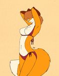  anthro big_breasts bikini black_nose breasts brown_eyes brown_hair canine chest_tuft clothing female fluffy_tail fox fur hair mammal orange_fur plain_background side_tie_bikini solo starfighter stretching swimsuit tuft undressing 