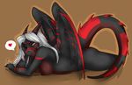  abstract_background anthro black_skin breasts brown_background dragon dragon_wings female here-kitty--kitty horn nipples nude pinup plain_background pose scalie side_view solo stripes wings 