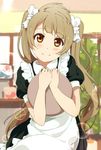  alternate_hairstyle apron blush brown_eyes brown_hair dress long_hair looking_at_viewer love_live! love_live!_school_idol_project maid minami_kotori ogipote puffy_sleeves short_sleeves smile solo tray twintails waitress 