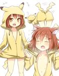  ? ^_^ all_fours animal_ears brown_eyes brown_hair cat_ears closed_eyes cosplay crossover fang flat_chest flying_sweatdrops gen_1_pokemon hair_ornament hairclip hood hooded_jacket hoodie ikazuchi_(kantai_collection) jacket kantai_collection kemonomimi_mode multiple_views naked_hoodie no_bra open_mouth pikachu pikachu_(cosplay) pokemon pun short_hair smile sweat tail tail_wagging tori_(minamopa) 