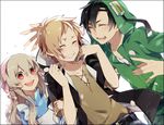  2boys black_hair blonde_hair brown_hair closed_eyes hood hoodie kagerou_project kano_shuuya kiragera kozakura_marry long_hair multiple_boys petals red_eyes seto_kousuke smile 