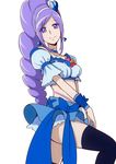  aono_miki bakusai blue_legwear blue_skirt choker cure_berry drill_hair earrings eyelashes fresh_precure! frilled_skirt frills hair_ornament hairband happy heart heart_hair_ornament jewelry long_hair looking_at_viewer magical_girl midriff ponytail precure puffy_sleeves purple_eyes purple_hair ribbon shirt side_ponytail simple_background skirt smile solo standing thighhighs thighs white_background wrist_cuffs zettai_ryouiki 