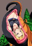 android_18 belt blonde_hair blue_eyes breasts buckle cell_(dragon_ball) cleavage dragon_ball dragon_ball_z forehead ishimiso_(ishimura) large_breasts microskirt panties pantyshot semi-perfect_cell short_hair sideboob skirt slime solo_focus tail underwear vore white_panties x-ray 