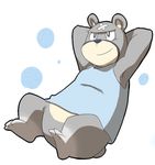  animal_crossing anthro bandage barefoot bear bottomless chubby clothing curt_(animal_crossing) featureless_crotch fur hindpaw male mammal marshtompkd nintendo paws plain_background shirt smile soles tank_top toes video_games 