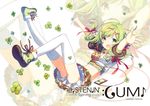 character_name clover crop_top digital_media_player fang four-leaf_clover green_eyes green_hair gumi h2so4 hair_ornament hairclip headphones headphones_around_neck midriff navel open_mouth shoes short_hair skirt smile sneakers solo thighhighs vocaloid white_legwear 