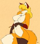  anthro big_breasts black_nose blonde_hair breasts canine chest_tuft female fluffy_tail fox fur gloves green_eyes hair legwear mammal necklace nude open_mouth orange_fur plain_background pocky smile solo starfighter stockings tuft 