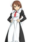  apron brown_eyes brown_hair fumi11gou hands_on_hips long_hair looking_at_viewer maid smile solo standing 