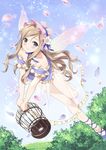  bad_id bad_pixiv_id bare_shoulders blue_eyes blush brown_hair cage cross-laced_footwear day dress fairy_wings flower hair_flower hair_ornament legs long_hair nagijin original see-through sky smile solo sparkle wings 