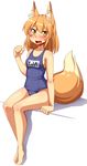  animal_ears barefoot blonde_hair fox_ears fox_tail highres nokoppa one-piece_swimsuit original school_swimsuit solo swimsuit tail yellow_eyes 