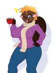 beaver big_breasts blonde_hair blue_eyes breasts brooke_marlow brown_fur brown_nose clothed clothing cup female fur fyxe_(artist) hair jeans looking_at_viewer male mammal one_eye_closed open_mouth pants rodent scarf short_hair solo sweater thick_thighs thighs voluptuous wide_hips 
