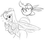  antennae bee_girl breasts copy_ability crossover greyscale helmet insect_girl insect_wings kirby kirby_(series) large_breasts matsu-sensei monochrome monster_girl q-bee scared short_hair sketch vampire_(game) wings 