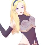  adapted_costume armor black_gloves blonde_hair blue_eyes covered_navel gloves headband heather37 highres league_of_legends long_hair luxanna_crownguard solo white_background 