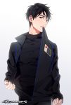  1boy artist_name biting biting_clothes black_hair black_jacket black_pants black_shirt brown_eyes expressionless fingernails flag flag_print gearous jacket japanese_flag katsuki_yuuri looking_away male_focus open_clothes open_jacket pants shirt short_hair simple_background standing teeth upper_body upper_teeth white_background yuri!!!_on_ice 