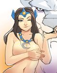 ;) animal blue_eyes breasts brown_hair cleavage covering covering_breasts crescent defense_of_the_ancients dota_2 forehead_jewel greenmarine jewelry large_breasts long_hair mirana_(dota) necklace nude one_eye_closed smile solo_focus tiara tiger white_tiger 
