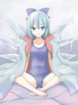  arm_support blue_eyes blue_hair blue_swimsuit breasts butterfly_sitting cirno covered_navel hair_ribbon ice ice_wings jack_(wkm74959) jacket jacket_on_shoulders jacket_over_swimsuit one-piece_swimsuit ribbon school_swimsuit short_hair sitting small_breasts smile solo swimsuit touhou wings 