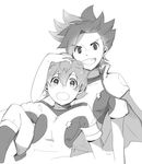  armband earth_eleven greyscale grin hand_on_another's_head inazuma_eleven_(series) inazuma_eleven_go inazuma_eleven_go_galaxy jacket jacket_on_shoulders kusa_chuu lightning_bolt male_focus matatagi_hayato matsukaze_tenma monochrome multiple_boys open_mouth smile track_jacket white_background 