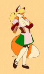  alcohol anthro beer beverage big_breasts black_nose blonde_hair breasts brown_eyes canine chest_tuft clothing corset dress drunk female flashing fluffy_tail fox fur hair legwear looking_at_viewer mammal orange_fur plain_background shirt_pull smile solo starfighter stockings tuft twintails 