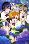  3girls :d :o absurdres bag blue_hair blush bow brown_hair copyright_name flower fujii_tomoyuki hair_bow highres kousaka_honoka long_hair love_live! love_live!_school_idol_project minami_kotori multiple_girls newtype noji_hironori non-web_source official_art one_side_up open_mouth orange_eyes orange_hair otonokizaka_school_uniform scan school_bag school_uniform short_hair skirt smile snail socks sonoda_umi sweater_vest teruterubouzu umbrella yamakawa_akiko 