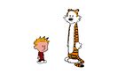  blonde_hair bow calvin calvin_and_hobbes dancing duo feline hair hobbes human male mammal plain_background smile stripes tiger white_background young 