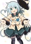  absurdres black_legwear bow do_(4-rt) green_eyes hat hat_bow heart heart_of_string highres incoming_hug komeiji_koishi long_sleeves looking_at_viewer open_mouth outstretched_arms shirt silver_hair skirt smile solo thighhighs third_eye touhou wide_sleeves zettai_ryouiki 