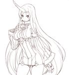  breasts claws detached_sleeves dress horn kantai_collection kugi_ta_hori_taira large_breasts long_hair looking_at_viewer monochrome ribbed_dress seaport_hime shinkaisei-kan short_dress sideboob solo sweater sweater_dress very_long_hair 