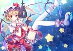  arm_garter ascot bad_id bad_pixiv_id blonde_hair blue_background bow finger_to_mouth flandre_scarlet floating gradient gradient_background hat hat_ribbon laevatein puffy_short_sleeves puffy_sleeves red_bow red_eyes red_ribbon red_skirt ribbon riichu short_hair short_sleeves side_ponytail skirt skirt_set solo star thighhighs touhou vest white_legwear wings wrist_cuffs zettai_ryouiki 