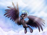  blue_hair brown_eyes cloud cutie_mark equine flying friendship_is_magic hair looking_at_viewer male mammal mohawk my_little_pony outside pegasus sky solo thunderlane_(mlp) tsitra360 two_tone_hair waving wings 