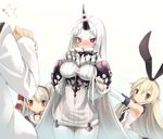  admiral_(kantai_collection) amatsukaze_(kantai_collection) bad_id bad_pixiv_id bare_shoulders blonde_hair blush breast_suppress breasts brown_eyes claws detached_sleeves dress elbow_gloves gloves hairband highres horn kantai_collection large_breasts long_hair multiple_girls pale_skin red_eyes ribbed_dress school_uniform seaport_hime serafuku shimakaze_(kantai_collection) shinkaisei-kan short_dress sideboob silver_hair sodeya_itsuki sweater sweater_dress two_side_up white_hair 