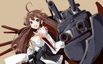  :d ahoge aiming_at_viewer bare_shoulders blush brown_hair detached_sleeves double_bun hair_ornament hairband headgear japanese_clothes kantai_collection kongou_(kantai_collection) long_hair looking_at_viewer nontraditional_miko open_mouth outstretched_hand pleated_skirt purple_eyes ribbon-trimmed_sleeves ribbon_trim simple_background skirt smile solo v-shaped_eyebrows wara_(warapro) 