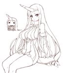  breasts chibi chibi_inset claws detached_sleeves dress horn kantai_collection kugi_ta_hori_taira large_breasts long_hair looking_at_viewer monochrome ribbed_dress seaport_hime shinkaisei-kan short_dress sideboob solo sweater sweater_dress thighs very_long_hair 
