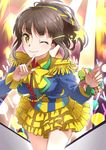  ;) brown_eyes brown_hair epaulettes frilled_skirt frills glowstick hair_ribbon hisami_nanami idol index_finger_raised layered_skirt long_hair long_sleeves looking_at_viewer neck_ribbon one_eye_closed ponytail ribbon skirt smile solo standing star touboku wake_up_girls! 