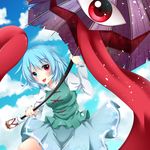  :p absurdres blue_eyes blue_hair blush heterochromia highres karakasa_obake miy@ red_eyes short_hair skirt smile solo tatara_kogasa tongue tongue_out touhou umbrella 