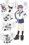  1girl admiral_(kantai_collection) akebono_(kantai_collection) anchor_symbol asymmetrical_hair bell black_hair cowering flower gloves hair_bell hair_flower hair_ornament hand_on_another's_head hand_on_hip hand_on_own_head hand_on_own_neck hands_on_own_head hat hitting jingle_bell kantai_collection long_hair military military_uniform naval_uniform neck_ribbon petting punching purple_eyes purple_hair ribbon school_uniform serafuku shaded_face shitty_admiral_(phrase) short_hair side_ponytail sitting sitting_on_person skirt socks translated uniform yanagida_fumita 