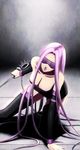  blindfold breasts chain chro_htm facing_viewer fate/stay_night fate_(series) kneeling large_breasts long_hair nameless_dagger purple_hair rider solo thighhighs weapon zettai_ryouiki 