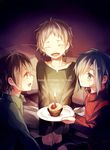  2boys alternate_hair_length alternate_hairstyle bandaid birthday black_hair blonde_hair candle cherry child closed_eyes cupcake darkness food fruit green_eyes green_hair happy_birthday kagerou_project kano_shuuya kido_tsubomi multiple_boys open_mouth plate seto_kousuke short_hair sitting smile winniconan yellow_eyes younger 