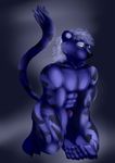 anthro black_claws black_nose blue_skin crotch feline hair kneeling male mammal muscles penis penis_tip round_ears skyeder0 smile solo tiger tyrans white_hair 