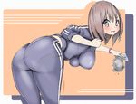  1girl ass bent_over blush bracelet breasts brown_eyes brown_hair female gym_clothes gym_uniform hanging_breasts jewelry looking_at_viewer open_mouth original pants pantylines short_hair solo spandex sweatdrop towel track_jacket track_pants track_suit yoru_ha 